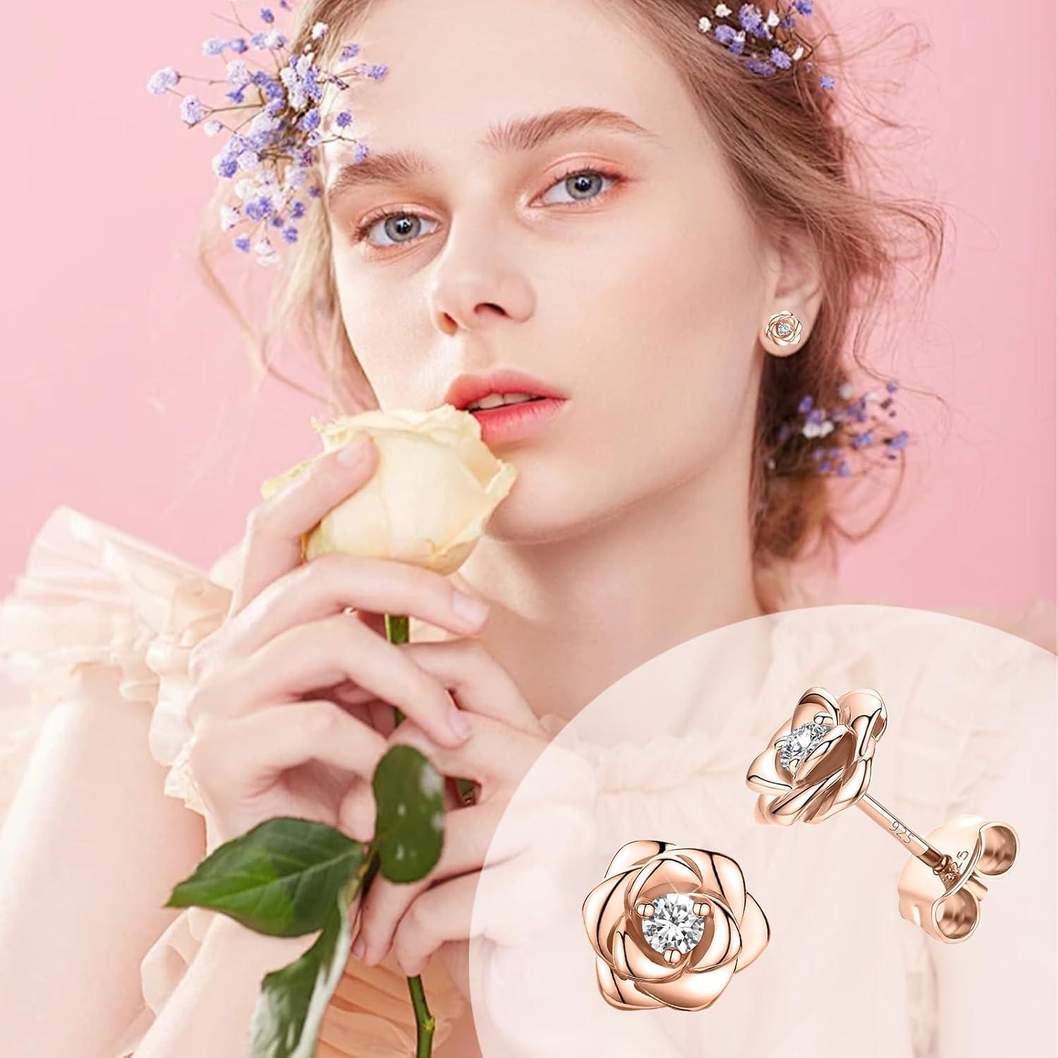 Rose Ohrstecker Rosegold 925 Silber Damen Ohrringe Strasssteine Bouquet 5mm