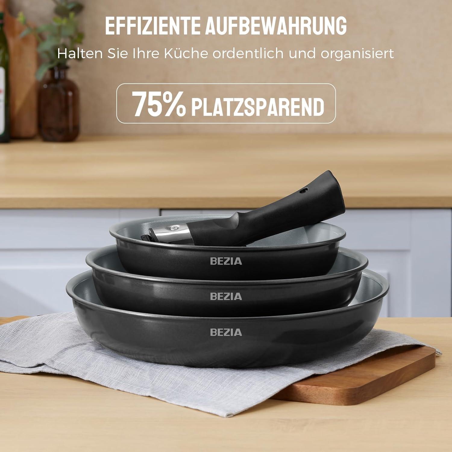 3tlg. BEZIA Pfannenset Keramikbeschichtung abnehmbarer Griff - 20+24+28 cm