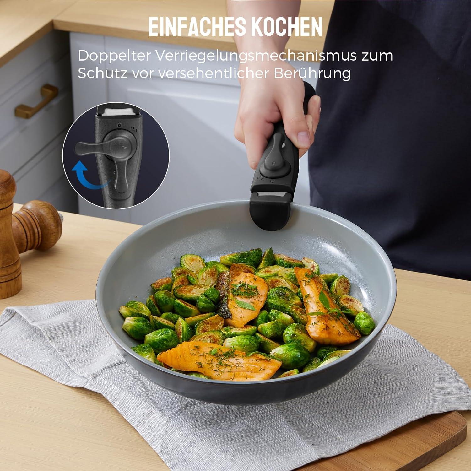 Pfannenset mit abnehmbarem Griff, Keramikbeschichtung, Induktion, stapelbares Design
