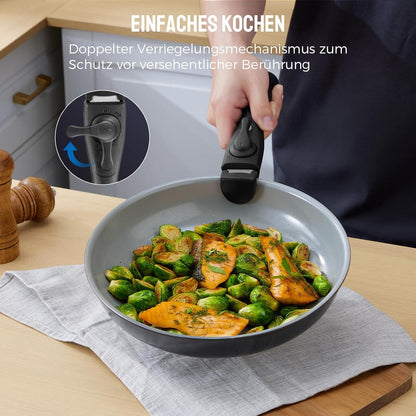 Pfannenset mit abnehmbarem Griff, Keramikbeschichtung, Induktion, stapelbares Design