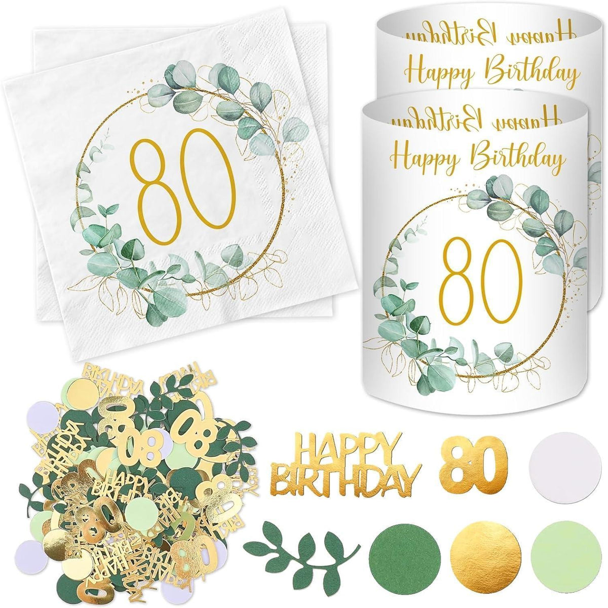 80. Geburtstag Deko Set: Servietten, Windlichter, Konfetti Eukalyptus