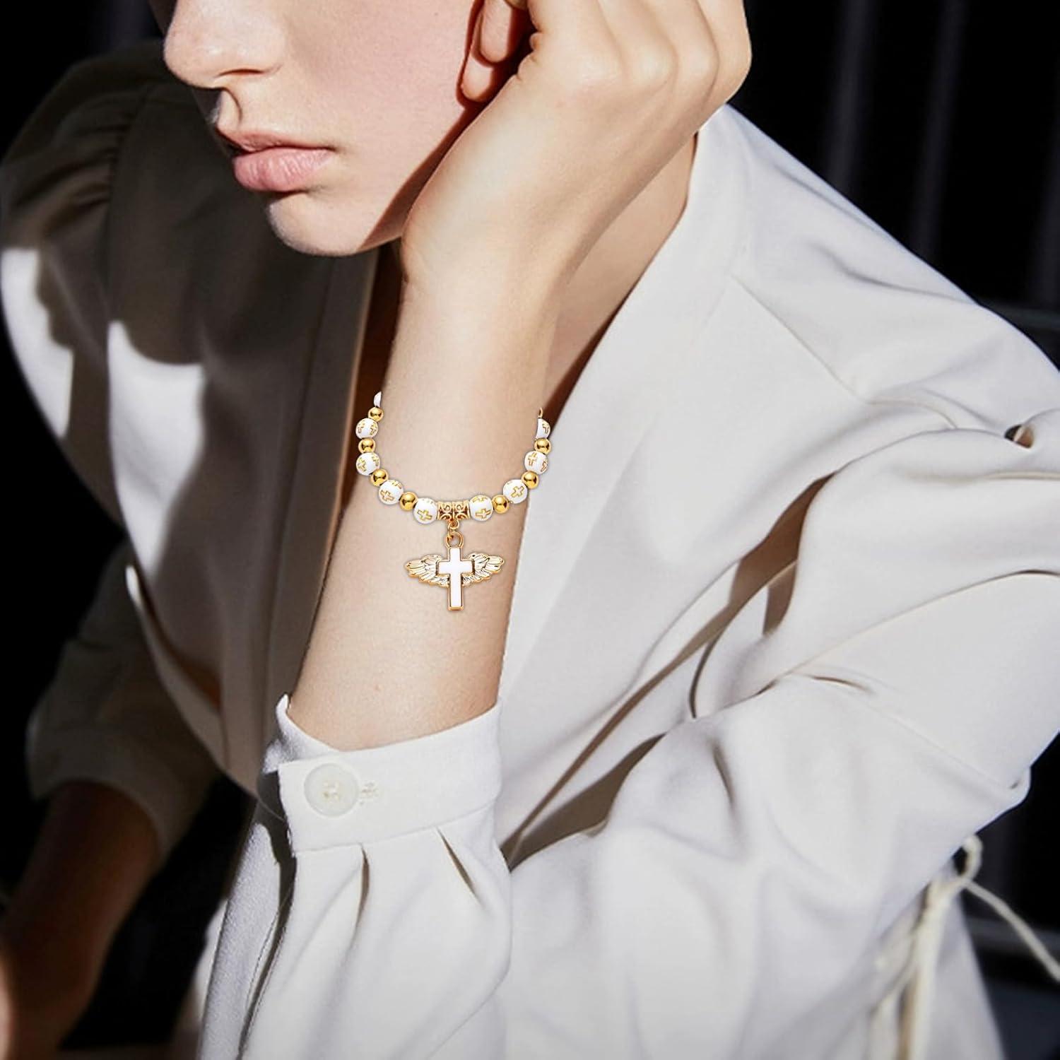 Damen Armband Kreuzanhänger Elastisch Engelsflügel Muttertagsgeschenk