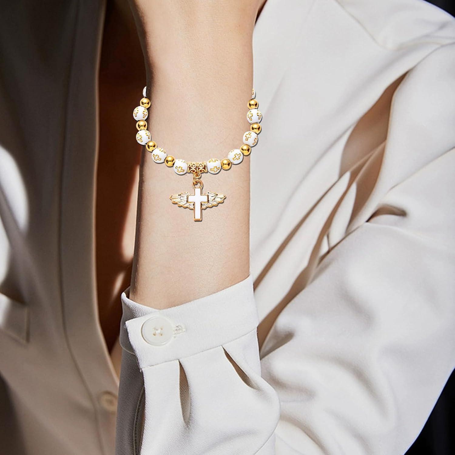 Engelsflügel Damen Armband Kreuzanhänger Elastisch Muttertag Gold