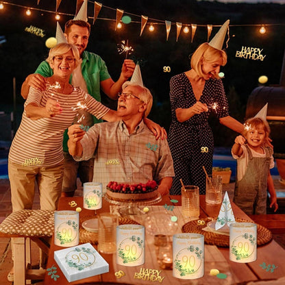 90. Geburtstag Deko Set Grün Eukalyptus Servietten Windlichter Konfetti