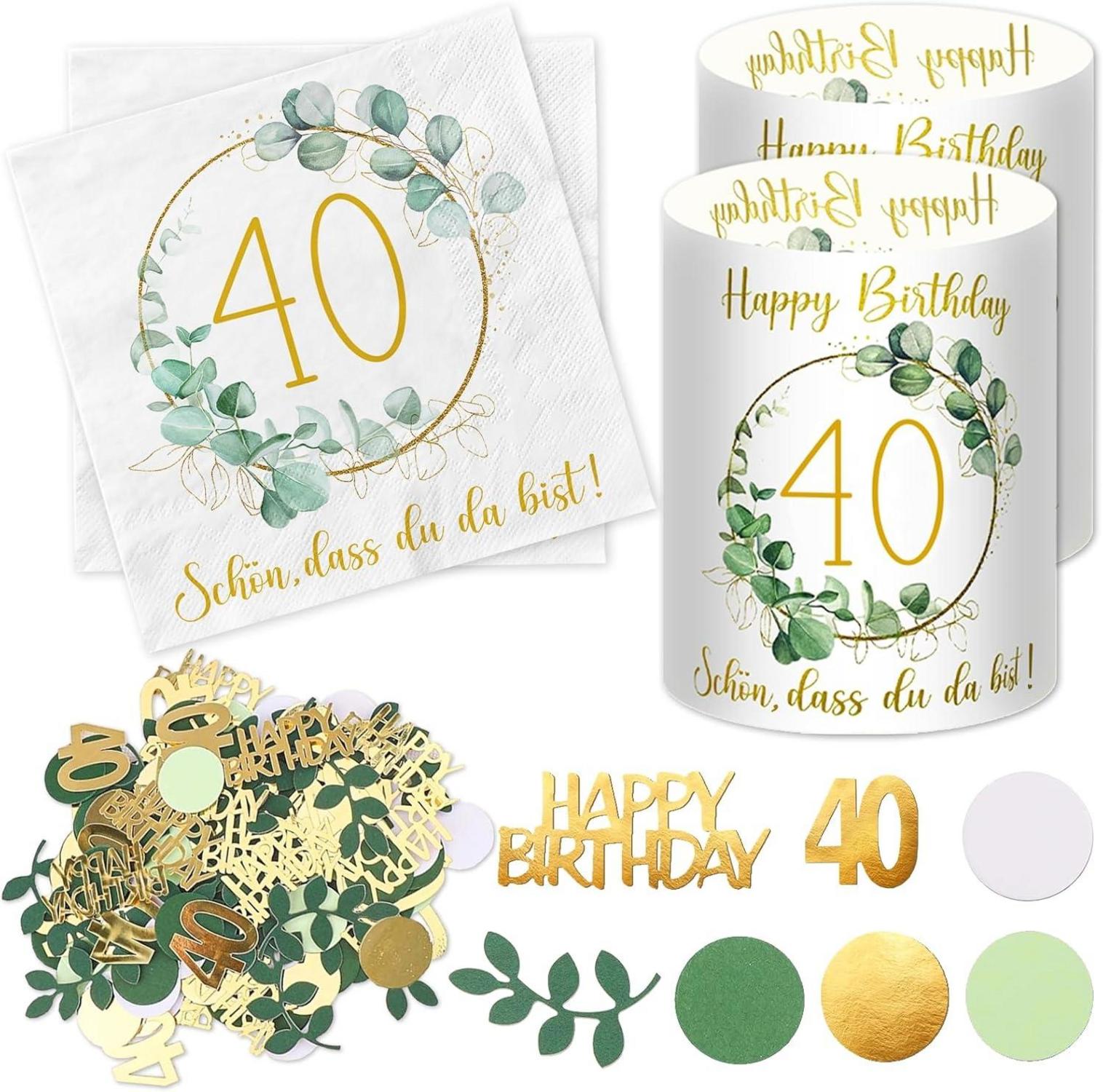 Servietten Windlicht Konfetti Deko 40. Geburtstag Eukalyptus