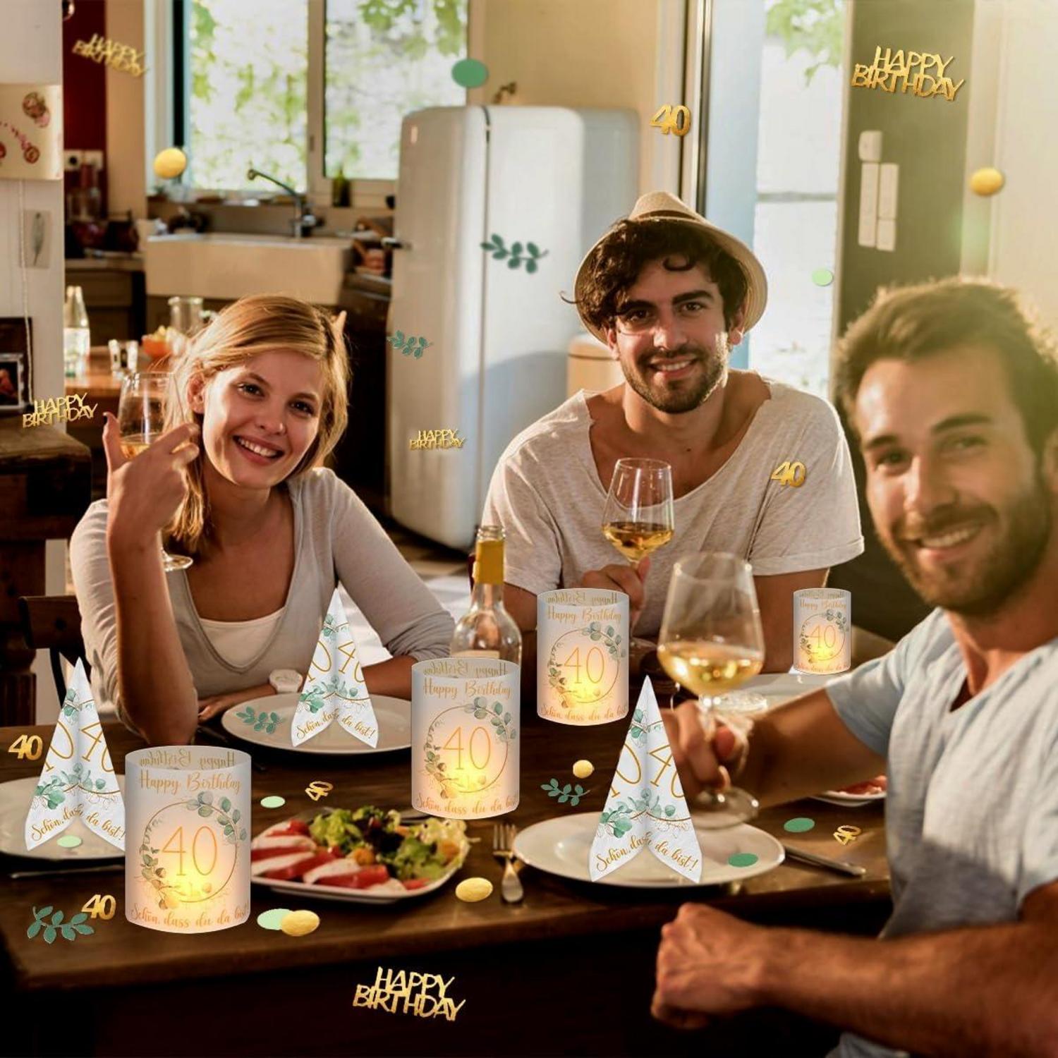 40. Geburtstag Deko Set: Servietten, Windlichter, Konfetti, Eukalyptus, Grün