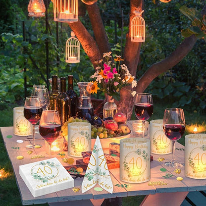 40. Geburtstag Party Deko Set Grün Eukalyptus Servietten, Windlichter, Konfetti