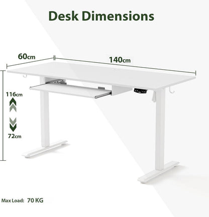 Elektrischer Stehschreibtisch höhenverstellbar 140 x 60 cm mit Tastaturablage