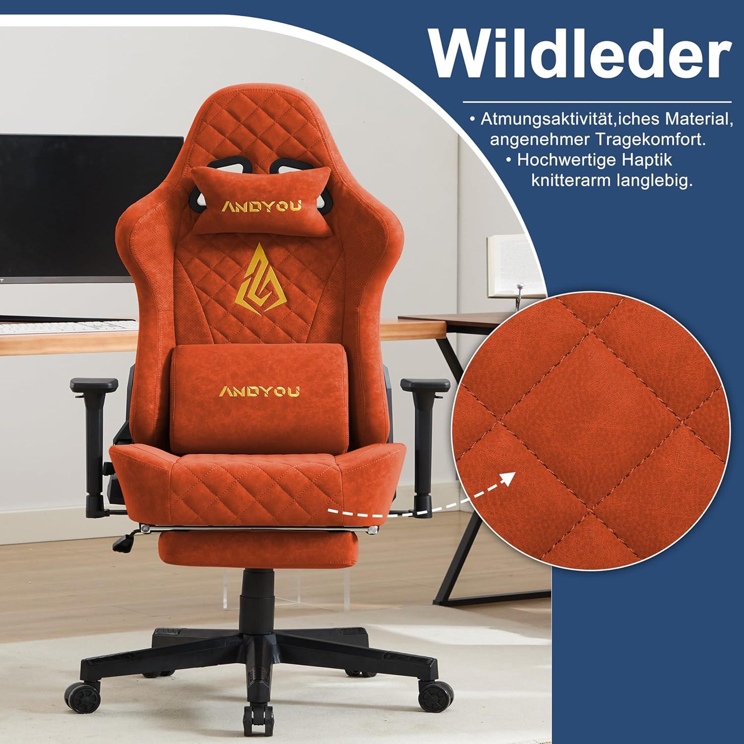 Gaming Stuhl Racing Gamer Sessel mit Fußstütze, Kopfkissen und Armlehnen, Orange
