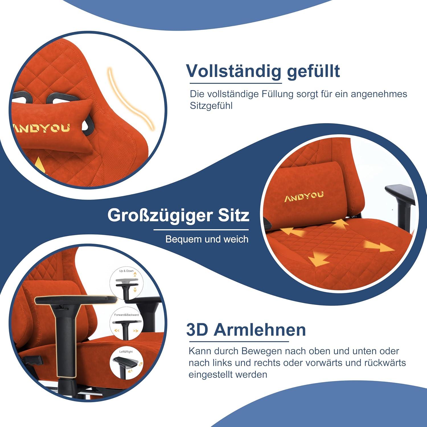 Andyou Gaming Stuhl Racing Chair Bürostuhl mit Lendenkissen Fußstütze Kopfkissen