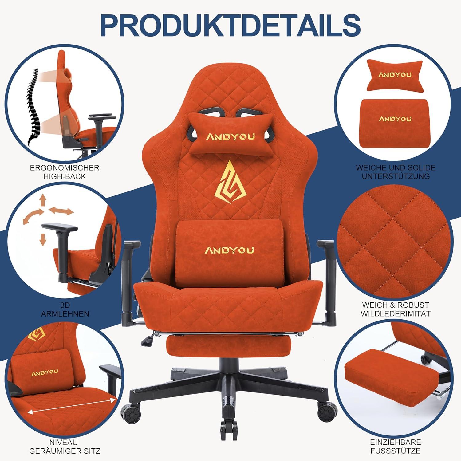 Andyou Gaming Stuhl Racing Chair Bürostuhl mit Lendenkissen Fußstütze Kopfkissen