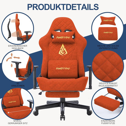 Andyou Gaming Stuhl Racing Chair Bürostuhl mit Lendenkissen Fußstütze Kopfkissen