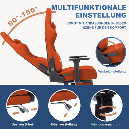 Gaming Stuhl Racing Gamer Sessel mit Fußstütze, Kopfkissen und Armlehnen, Orange