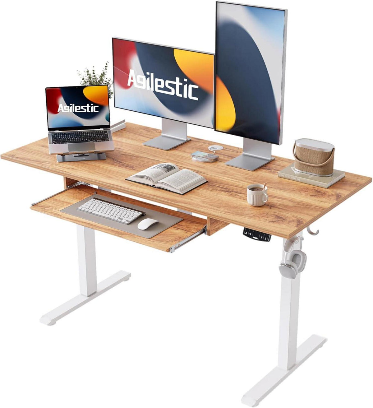 Elektrischer Stehschreibtisch mit Tastaturablage, 120x60 cm, Hellbraun