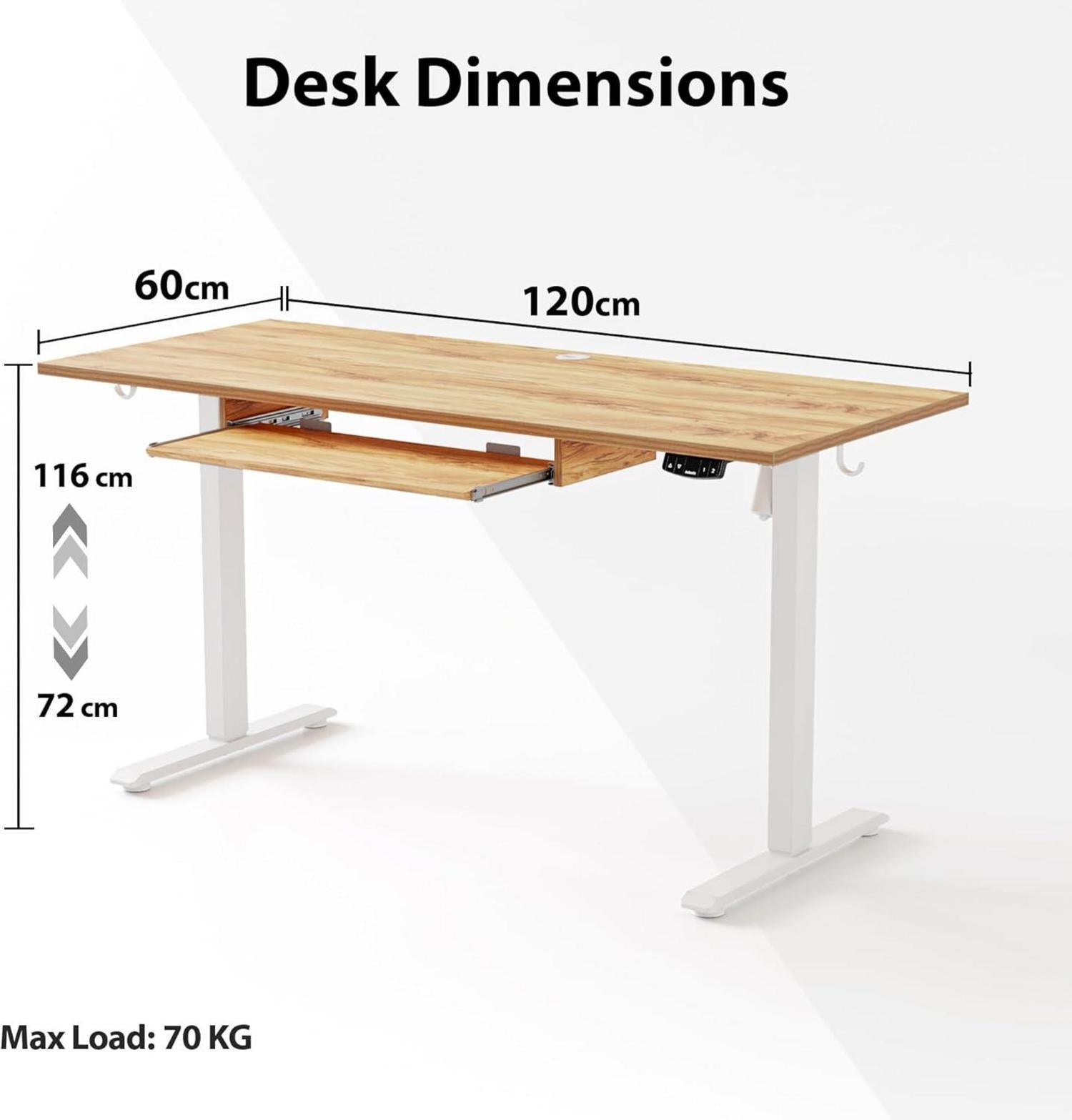 Elektrischer Stehschreibtisch mit Tastaturablage, 120x60 cm, Hellbraun