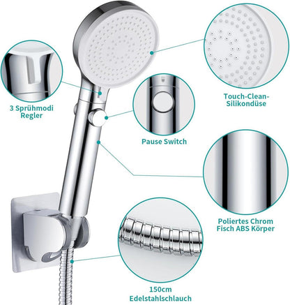 Duschkopf Handbrause mit 3 Strahlarten und Wasserstop-Funktion