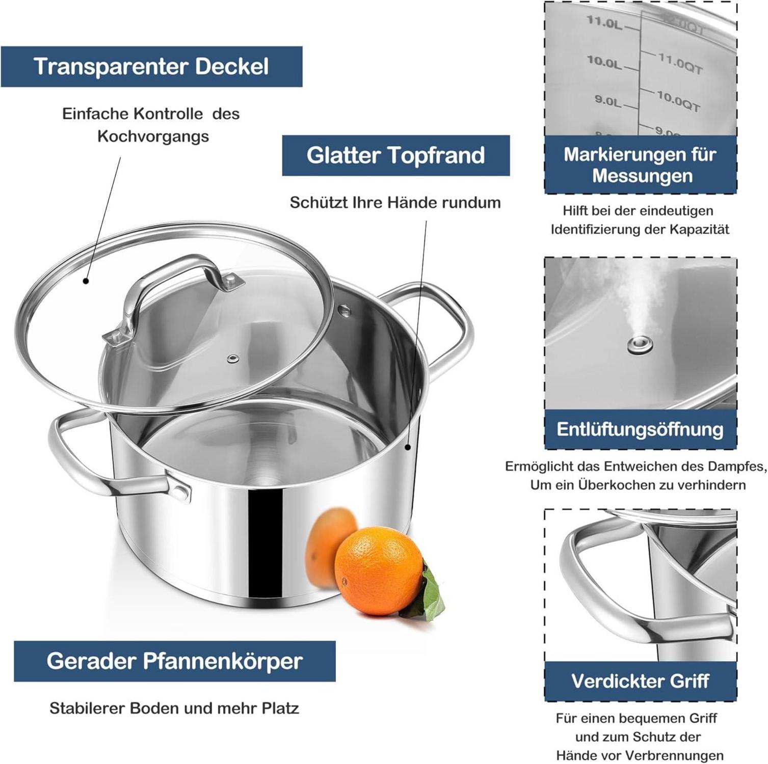 Joyfair 20cm Edelstahl Kochtopf mit Glasdeckel 3,3L Induktion Herd Suppentopf