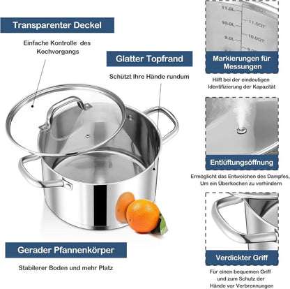 Joyfair 20cm Edelstahl Kochtopf mit Glasdeckel 3,3L Induktion Herd Suppentopf