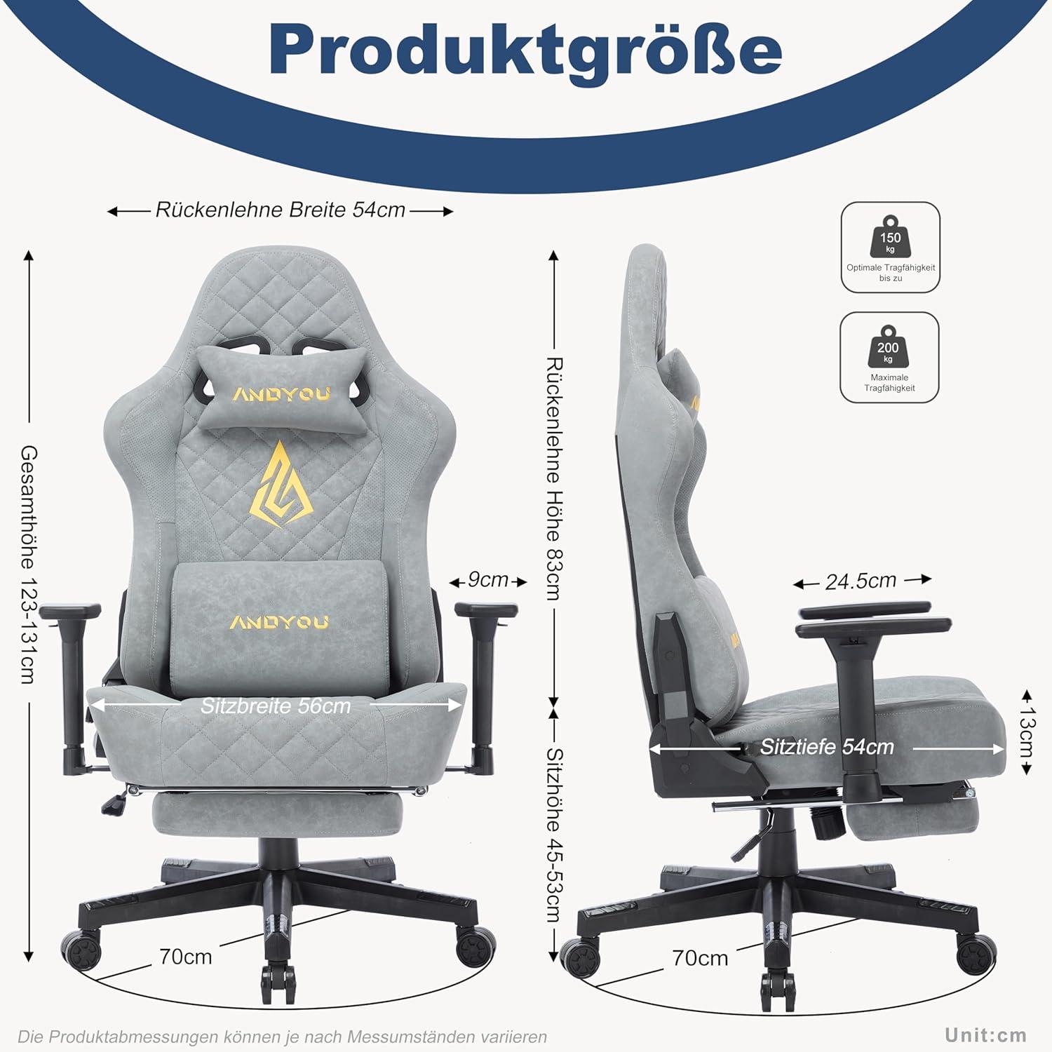 Gaming Stuhl Racing Gamer Bürostuhl 3D Armlehnen Grau