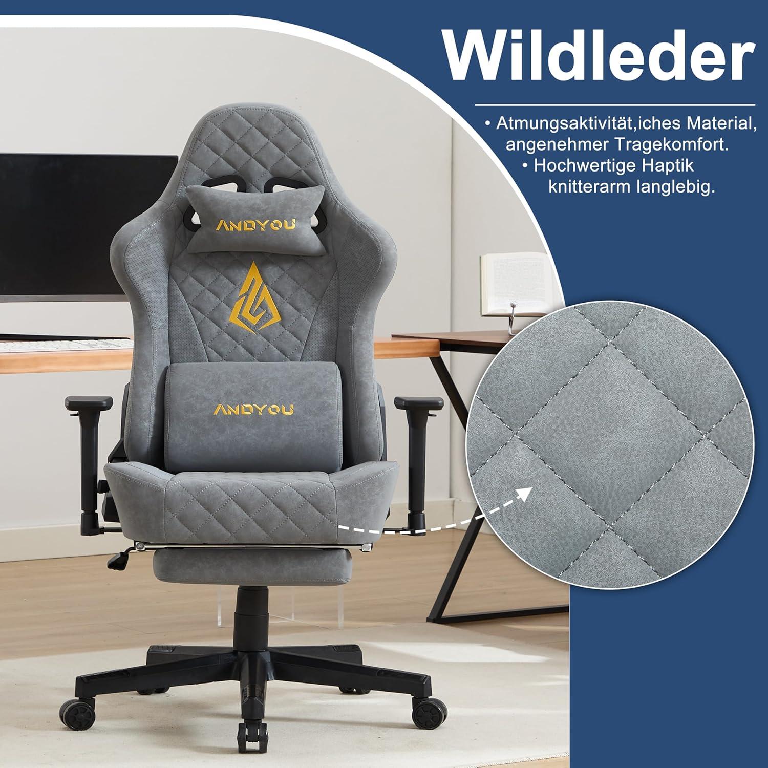 Andyou Gaming Stuhl Racing Gamer Sessel mit Verstellbaren Lendenkissen Grau