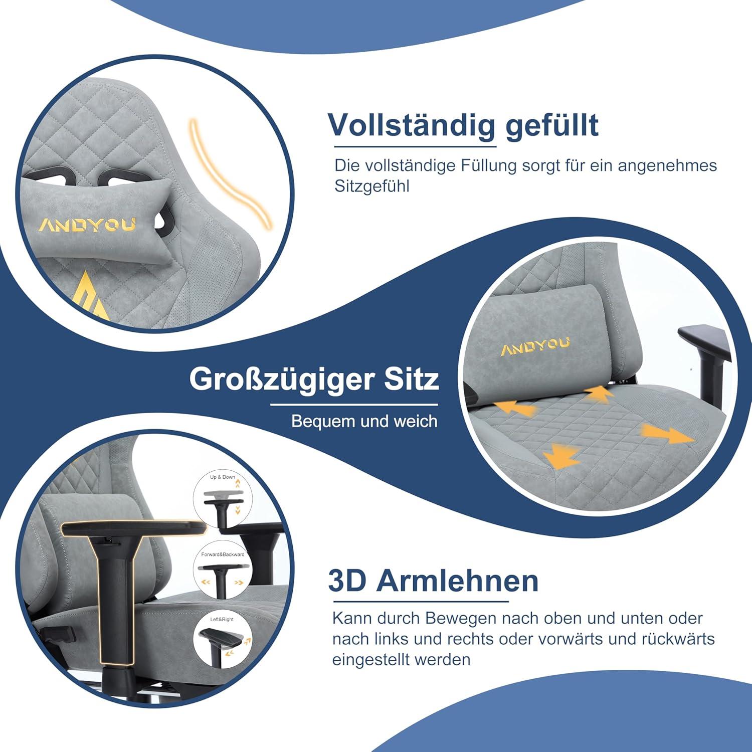 Gaming Stuhl mit Fußstütze, Kopfkissen, 3D Armlehnen & Lendenkissen