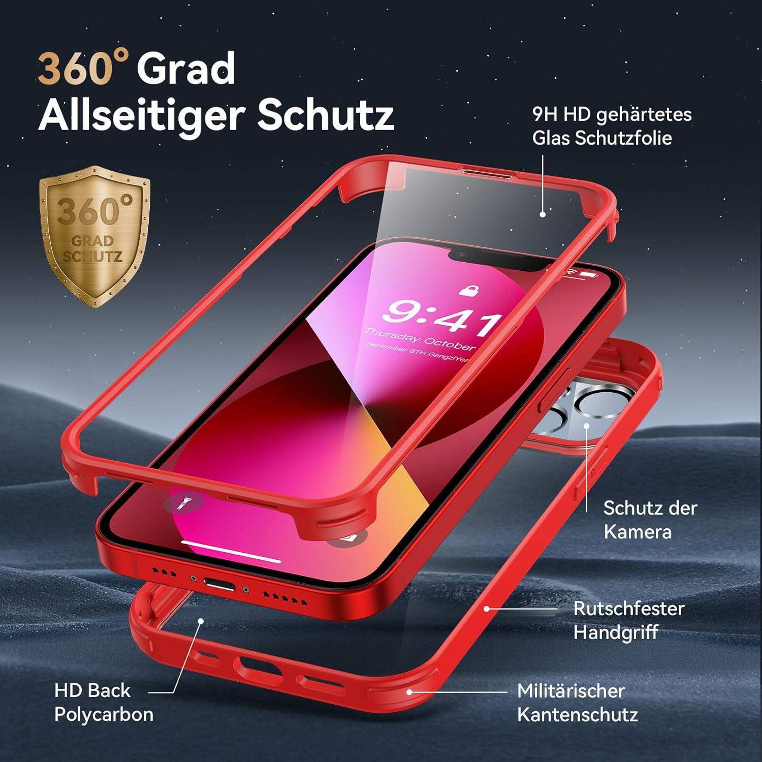 Kmofizle 360 Grad iPhone 13 Hülle Schutzfolie Kameraschutz Rot