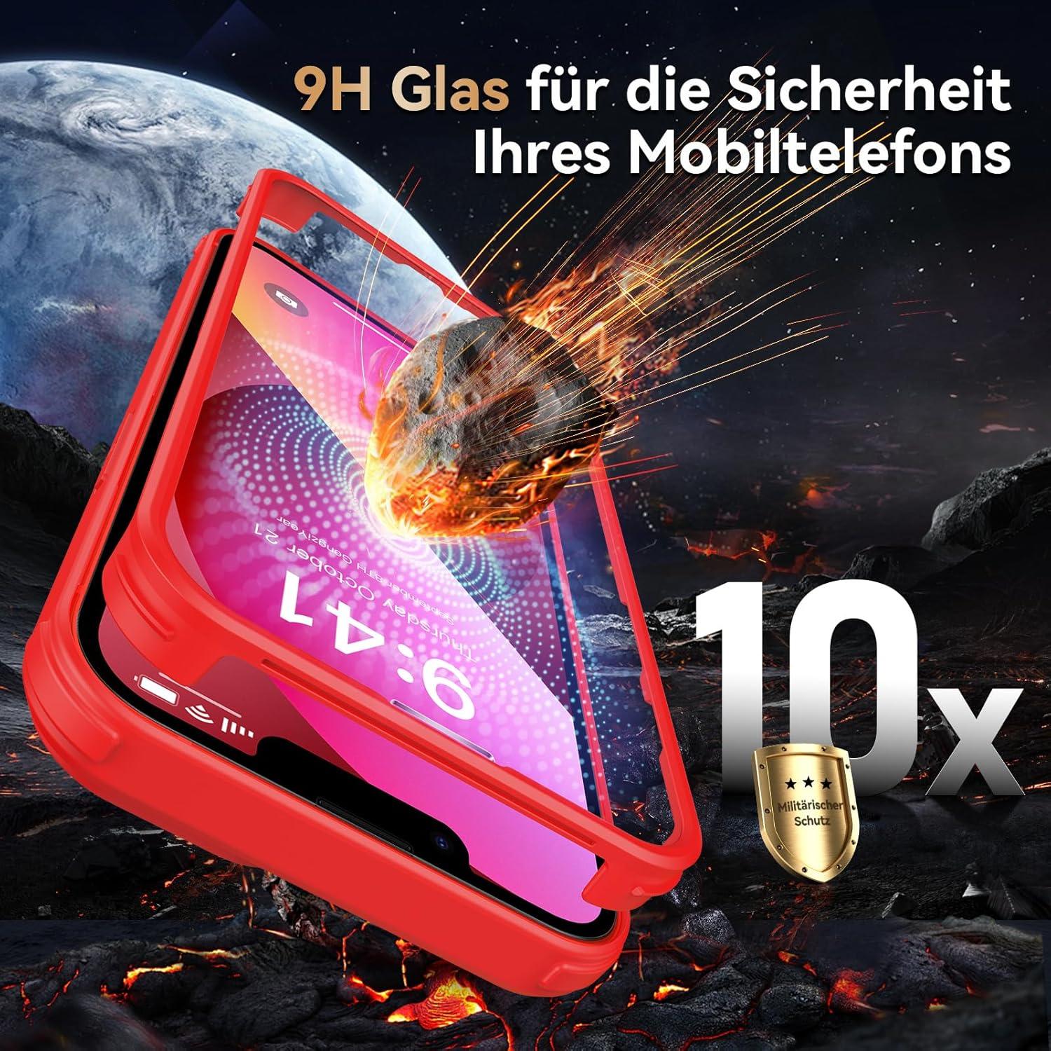 360 Grad iPhone 13 Hülle mit Glas Schutzfolie Kameraschutz Stoßfest - Rot