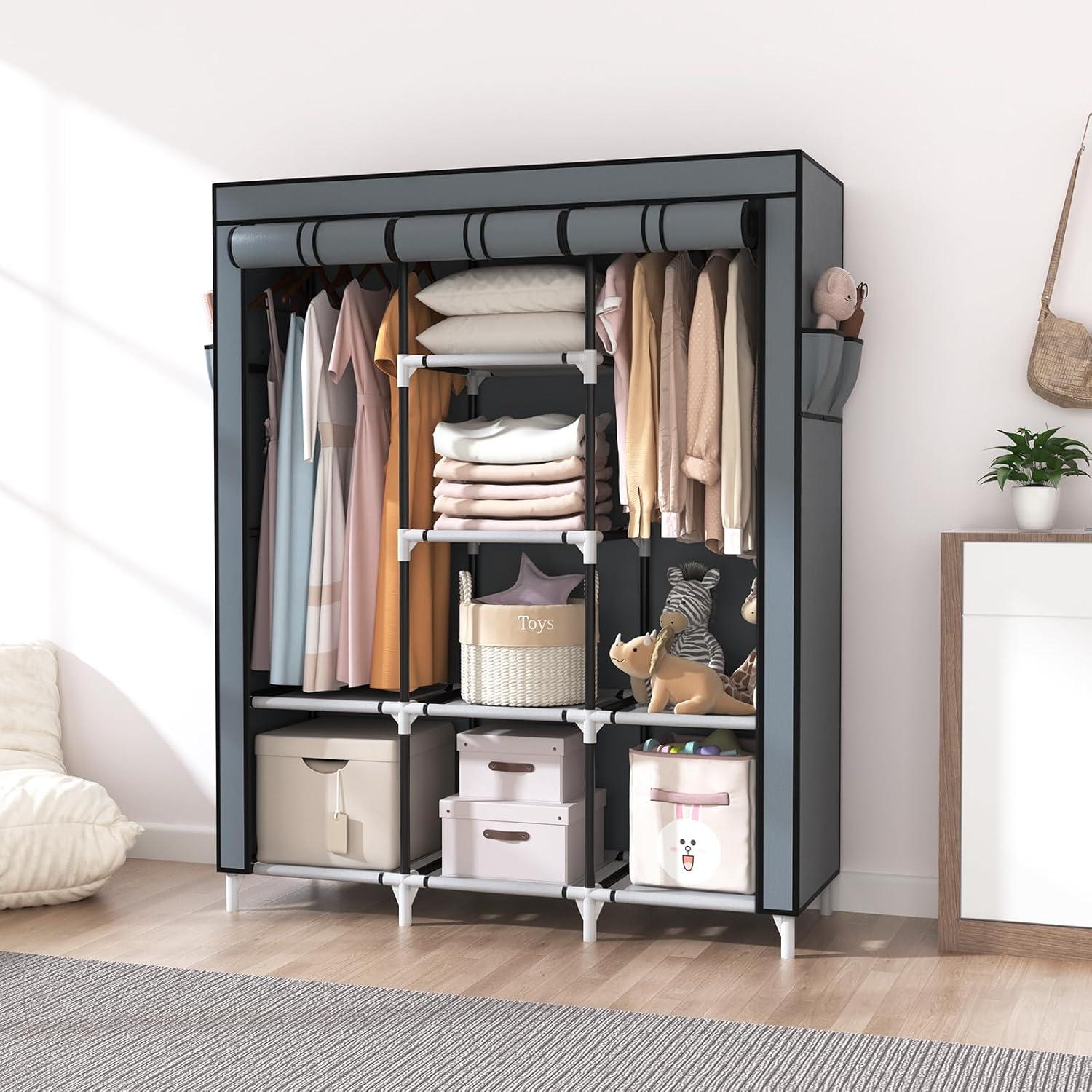 Vicye Großer Stoffschrank mit 2 Kleiderstange und 8 Ablagen, Faltschrank mit Überzug 124x42x162 cm