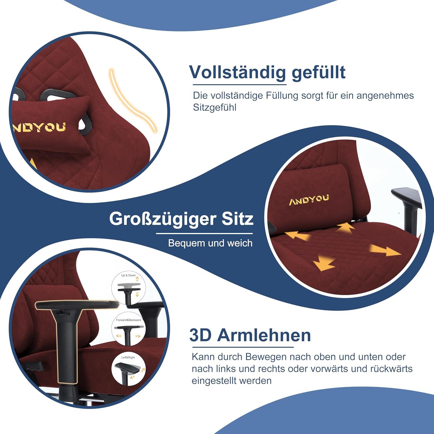 Andyou Gaming Stuhl Racing Bürostuhl Lendenkissen Fußstütze 2D Armlehnen