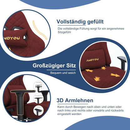 Andyou Gaming Stuhl Racing Bürostuhl Lendenkissen Fußstütze 2D Armlehnen