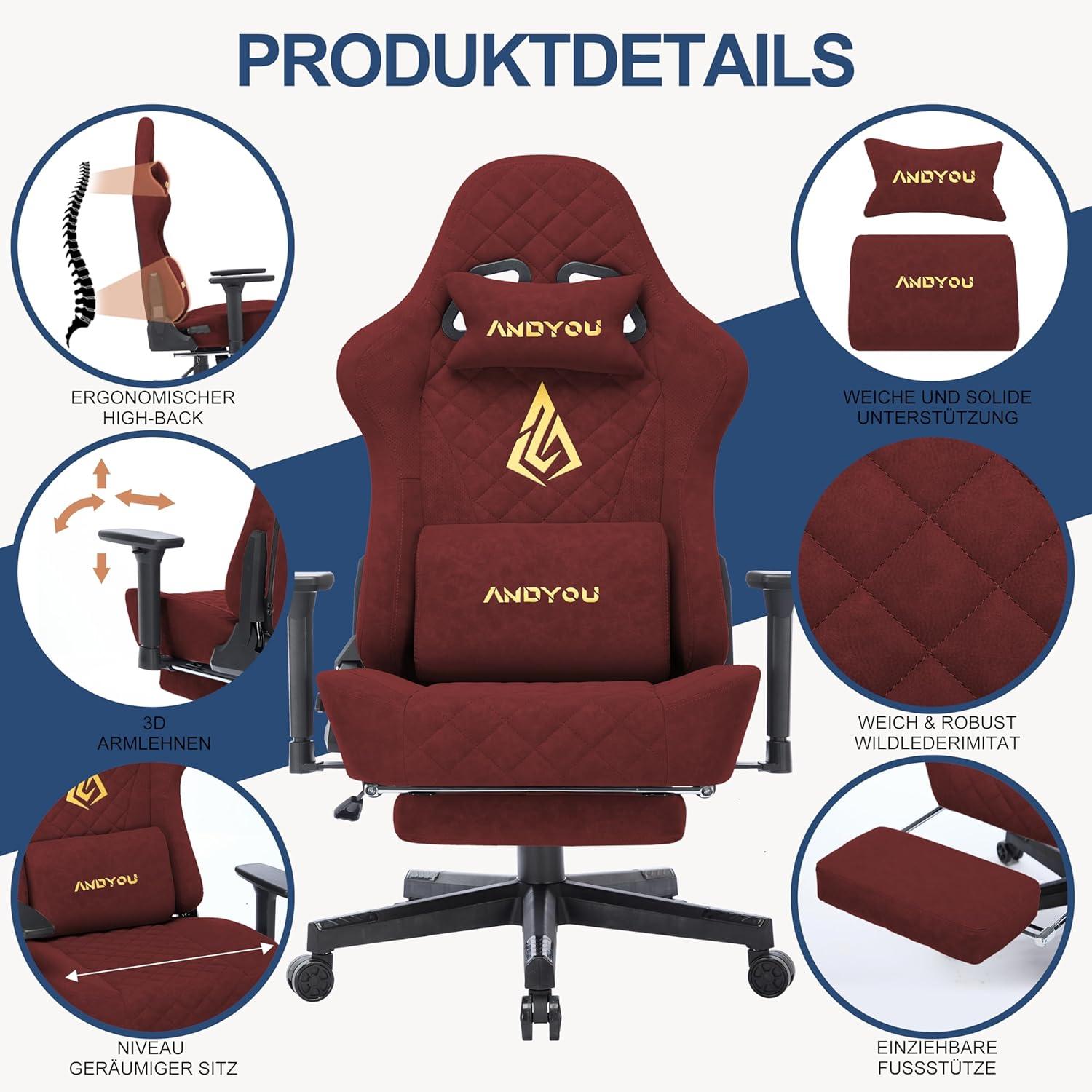 Andyou Gaming Stuhl Racing Bürostuhl Lendenkissen Fußstütze 2D Armlehnen