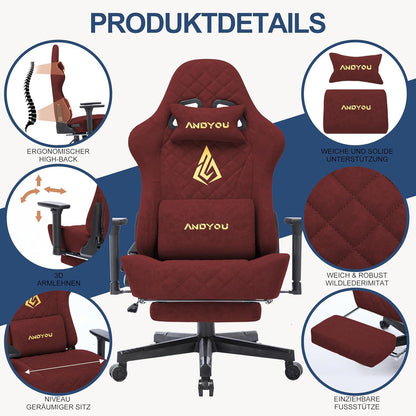 Andyou Gaming Stuhl Racing Bürostuhl Lendenkissen Fußstütze 2D Armlehnen