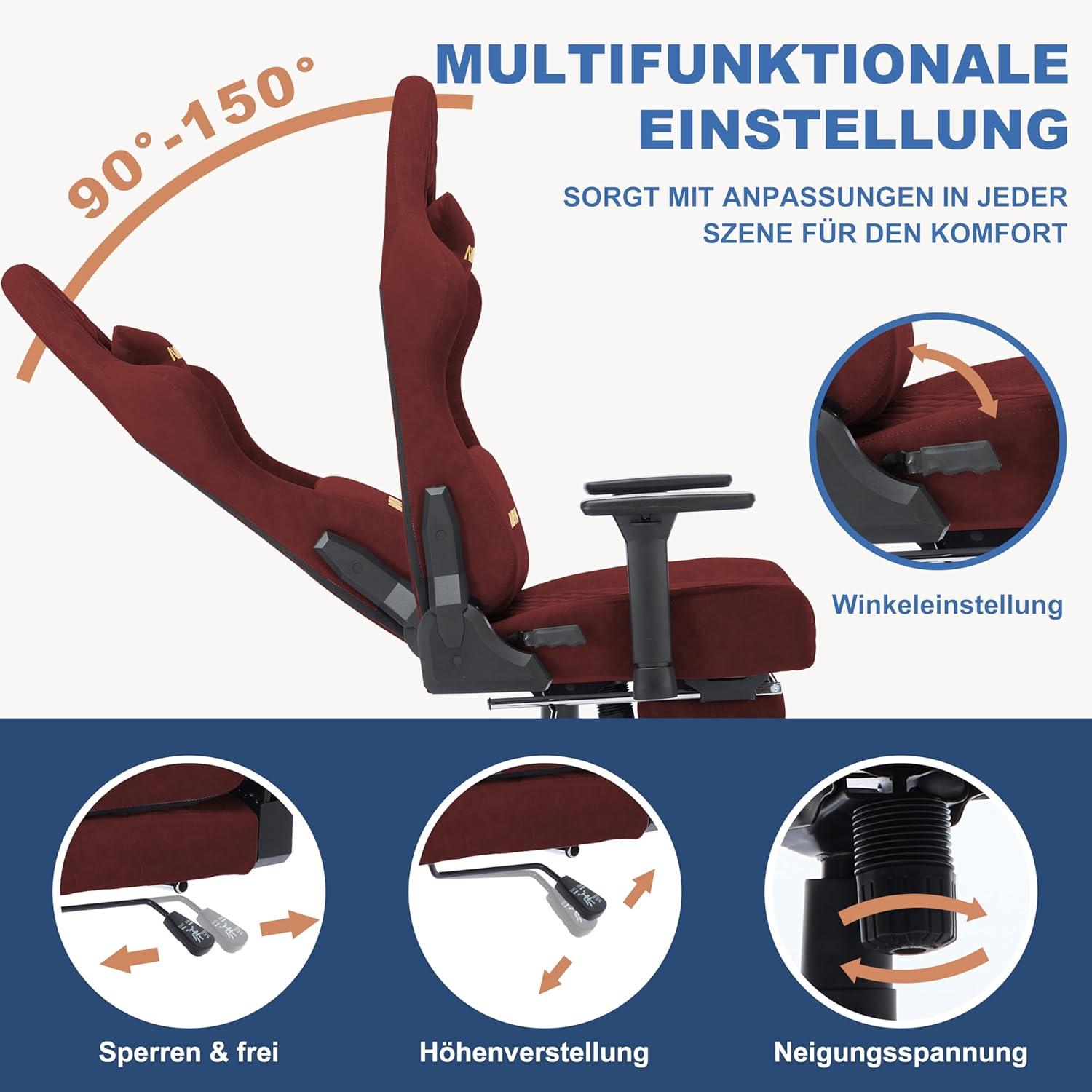 Gaming Stuhl mit verstellbarer Rückenlehne und Armlehne - Burgunderrot