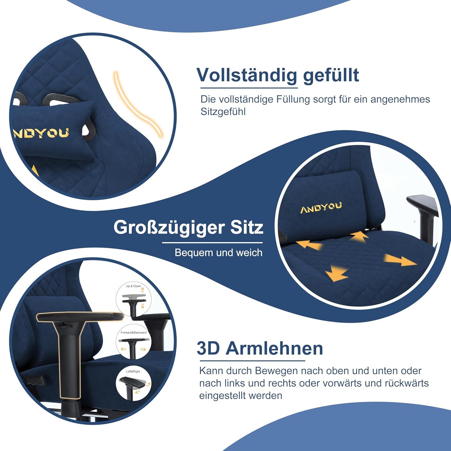 Ergonomischer Gaming Stuhl mit Massagefunktion, verstellbaren Armlehnen und Rückenlehne, Vintage-PU-Leder, blau