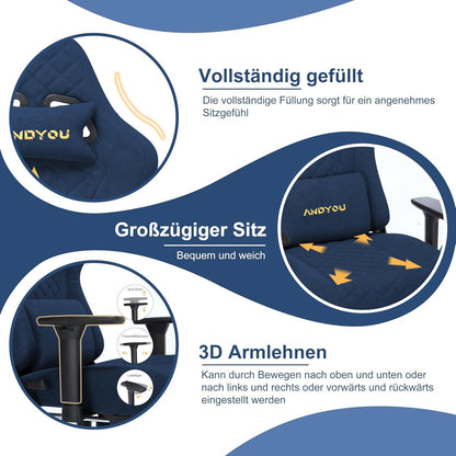 Ergonomischer Gaming Stuhl mit Massagefunktion, verstellbaren Armlehnen und Rückenlehne, Vintage-PU-Leder, blau
