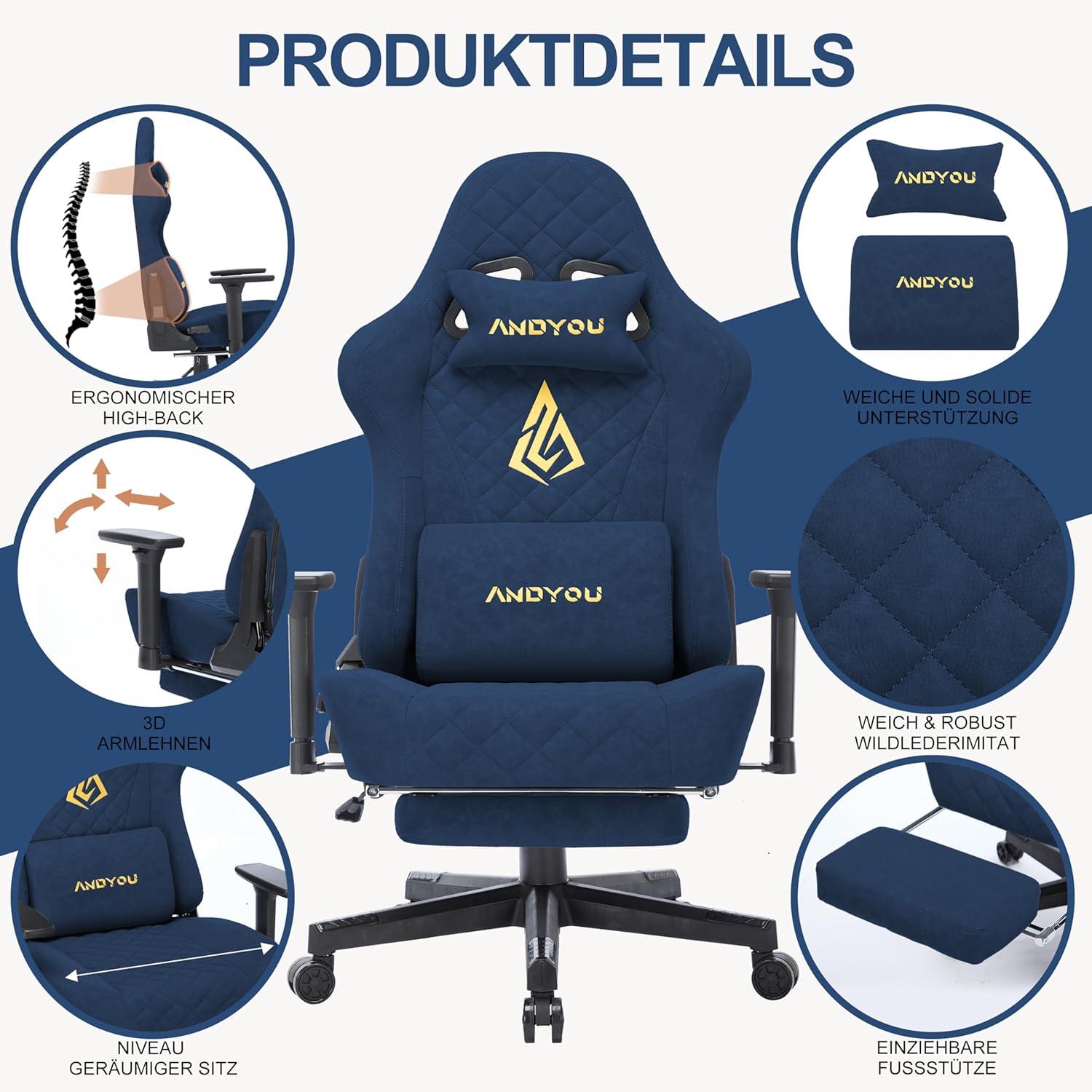Gaming Stuhl Racing Gamer Sessel ergonomisch verstellbar blau