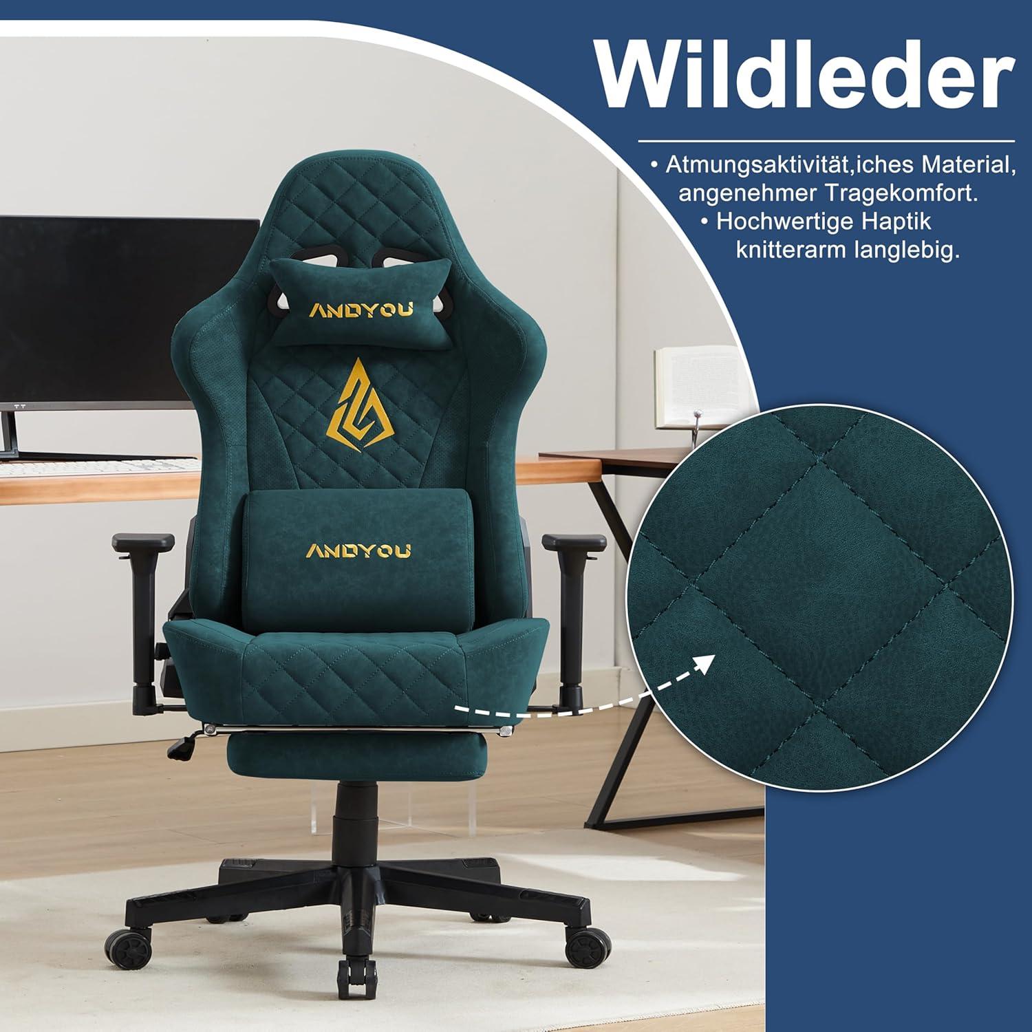 Andyou Gaming Stuhl Racing Gamer Sessel 3D Armlehnen Vintage-PU-Leder Grün