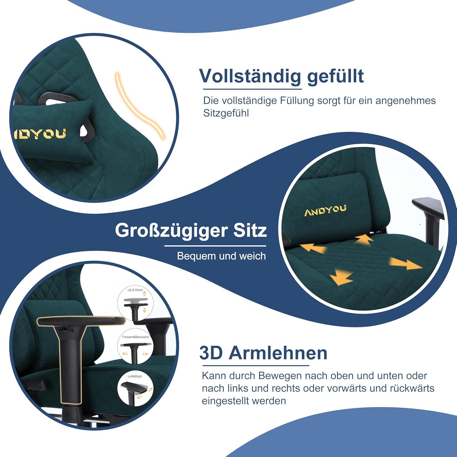Ergonomischer Gaming Stuhl mit Lendenkissen, Fußstütze, Kopfkissen - Grün