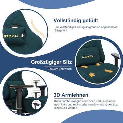 Ergonomischer Gaming Stuhl mit Lendenkissen, Fußstütze, Kopfkissen - Grün
