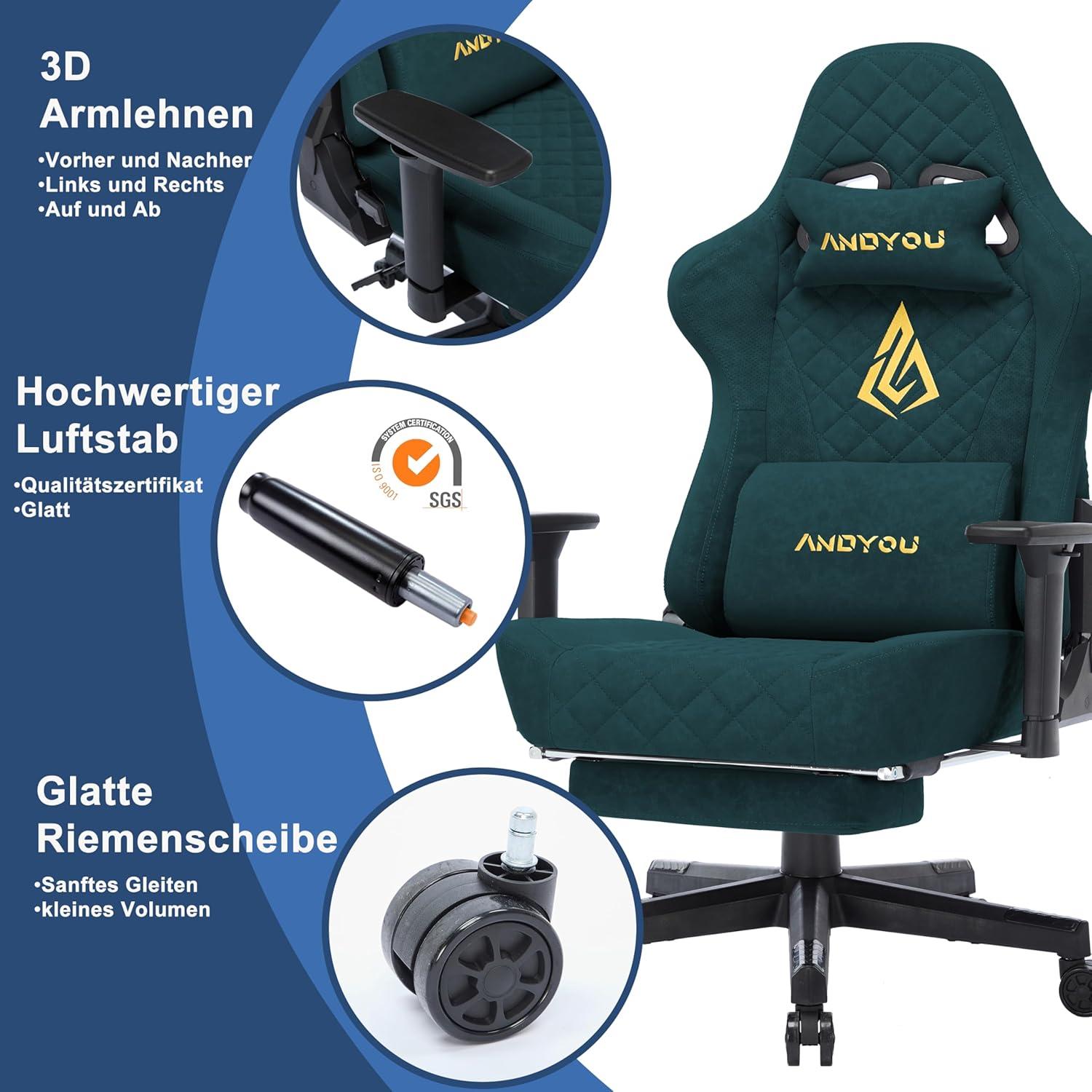 Gaming Stuhl Racing Gamer Sessel Ergonomisch 3D Armlehnen Grün