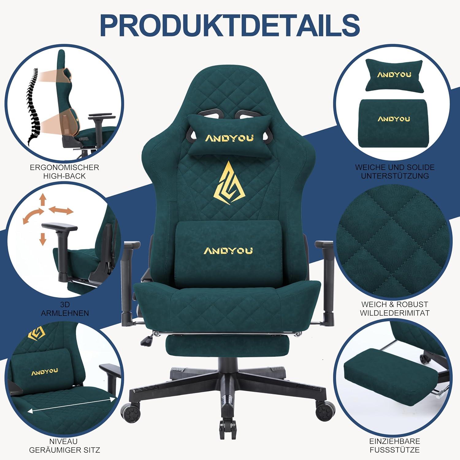 Ergonomischer Gaming Stuhl mit Lendenkissen, Fußstütze, Kopfkissen - Grün
