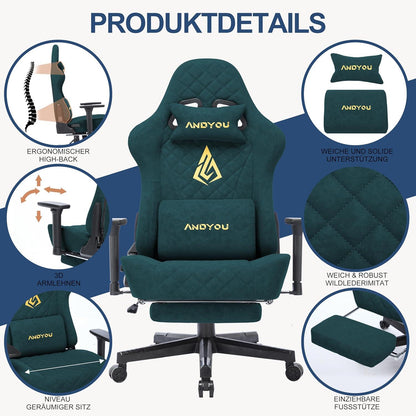Ergonomischer Gaming Stuhl mit Lendenkissen, Fußstütze, Kopfkissen - Grün