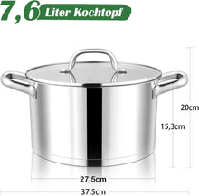 Edelstahl Kochtopf 27,5cm mit Glasdeckel, 7,6L Kapazität