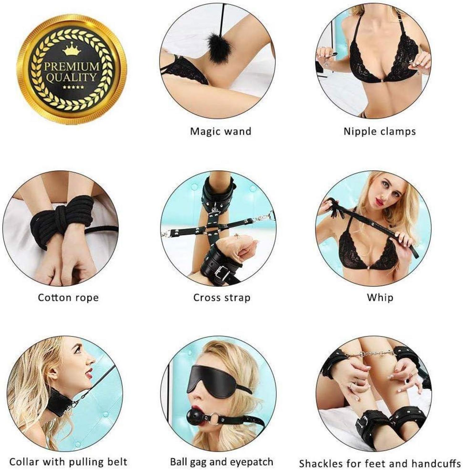 BDSM Bondage-Set mit Federpeitsche, Augenmaske, Fesseln, Handschellen, Fußfesseln - 10-teiliges Sexspielzeug für Paare
