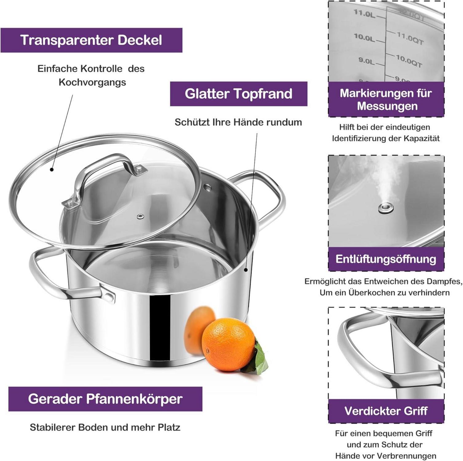 Joyfair Kochtopf 22cm Edelstahl 4,7L Glasdeckel Induktion Geeignet