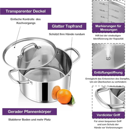 Joyfair Kochtopf 22cm Edelstahl 4,7L Glasdeckel Induktion Geeignet