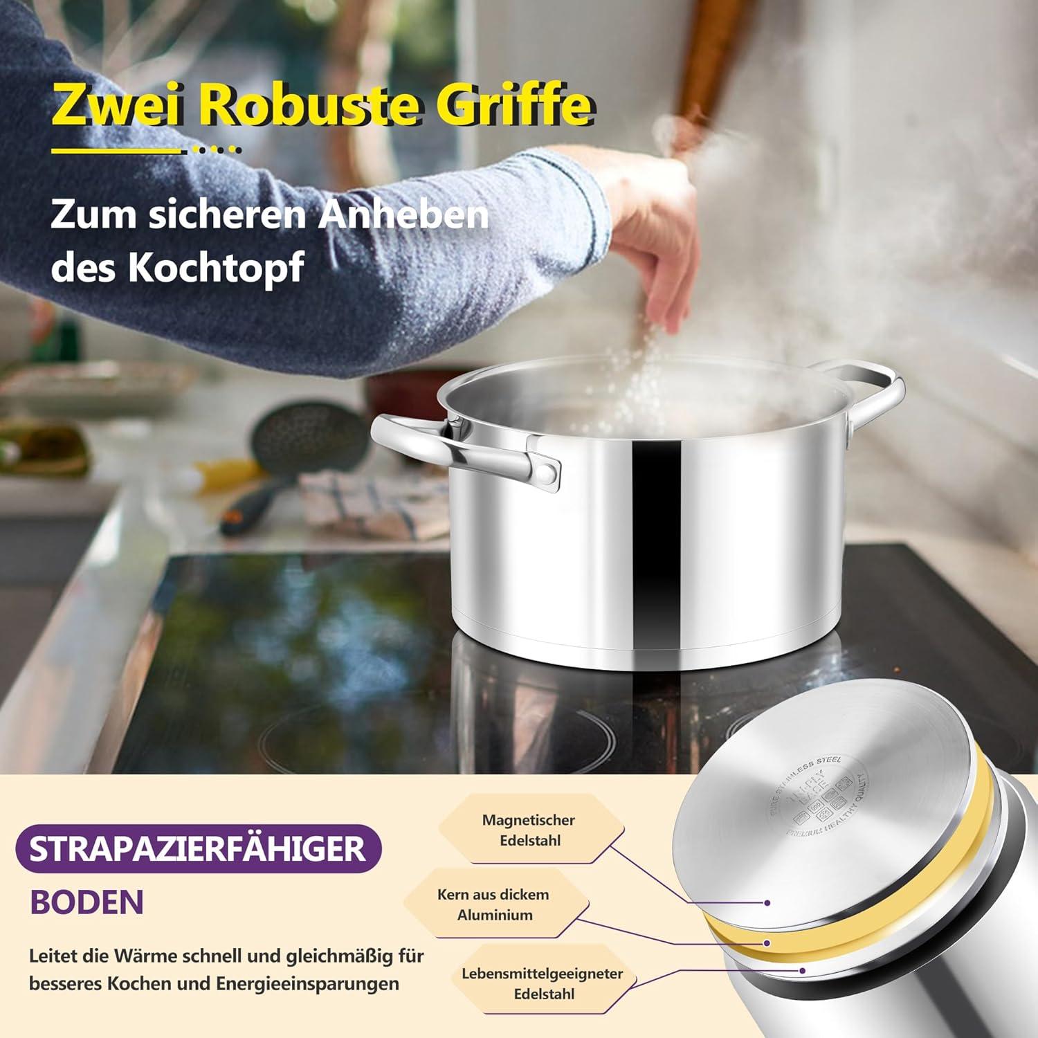 Edelstahl Kochtopf 22cm 4,7 L Glasdeckel Induktion Herdarten