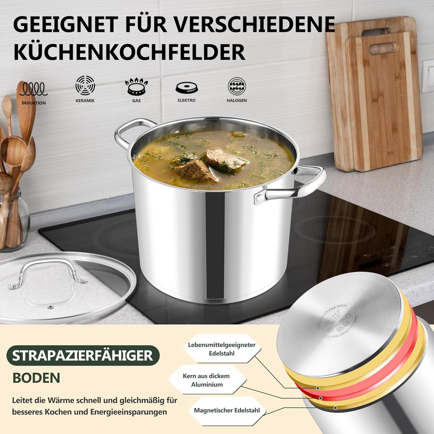 Edelstahl Kochtopf 11,4L Glasdeckel 3-lagiger Boden induktionsgeeignet