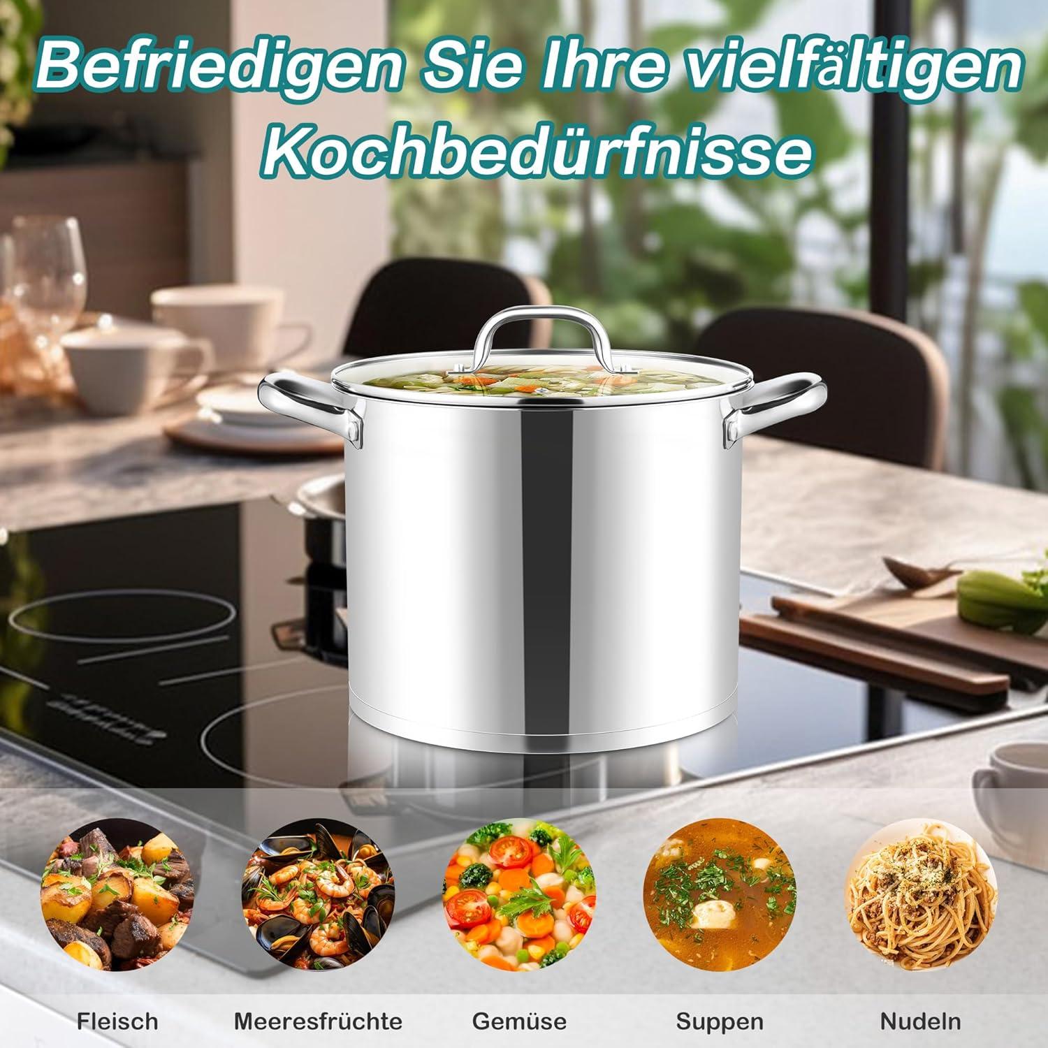 Kochtopf 11,4L Edelstahl Glasdeckel 3 Lagen Boden - Spülmaschinenfest