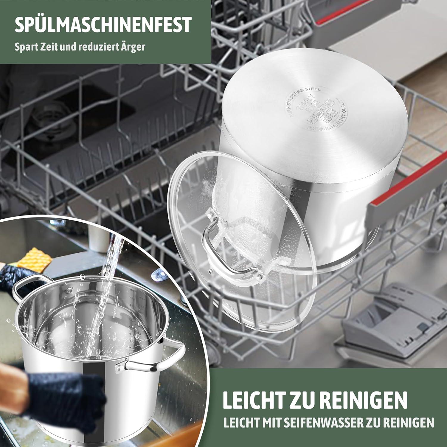 Kochtopf 11,4L Edelstahl Glasdeckel 3 Lagen Boden - Spülmaschinenfest